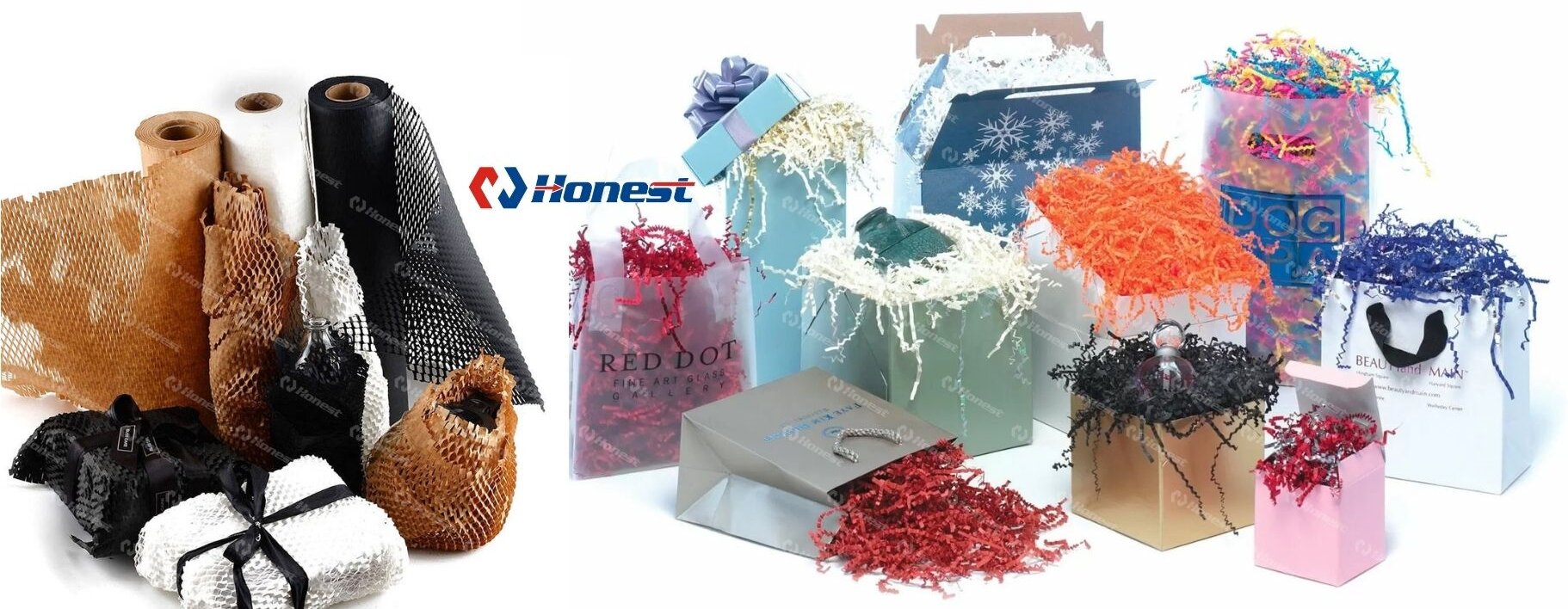 raffia paper, crinkle paper, honeycomb paper, and expandable corrugated paper