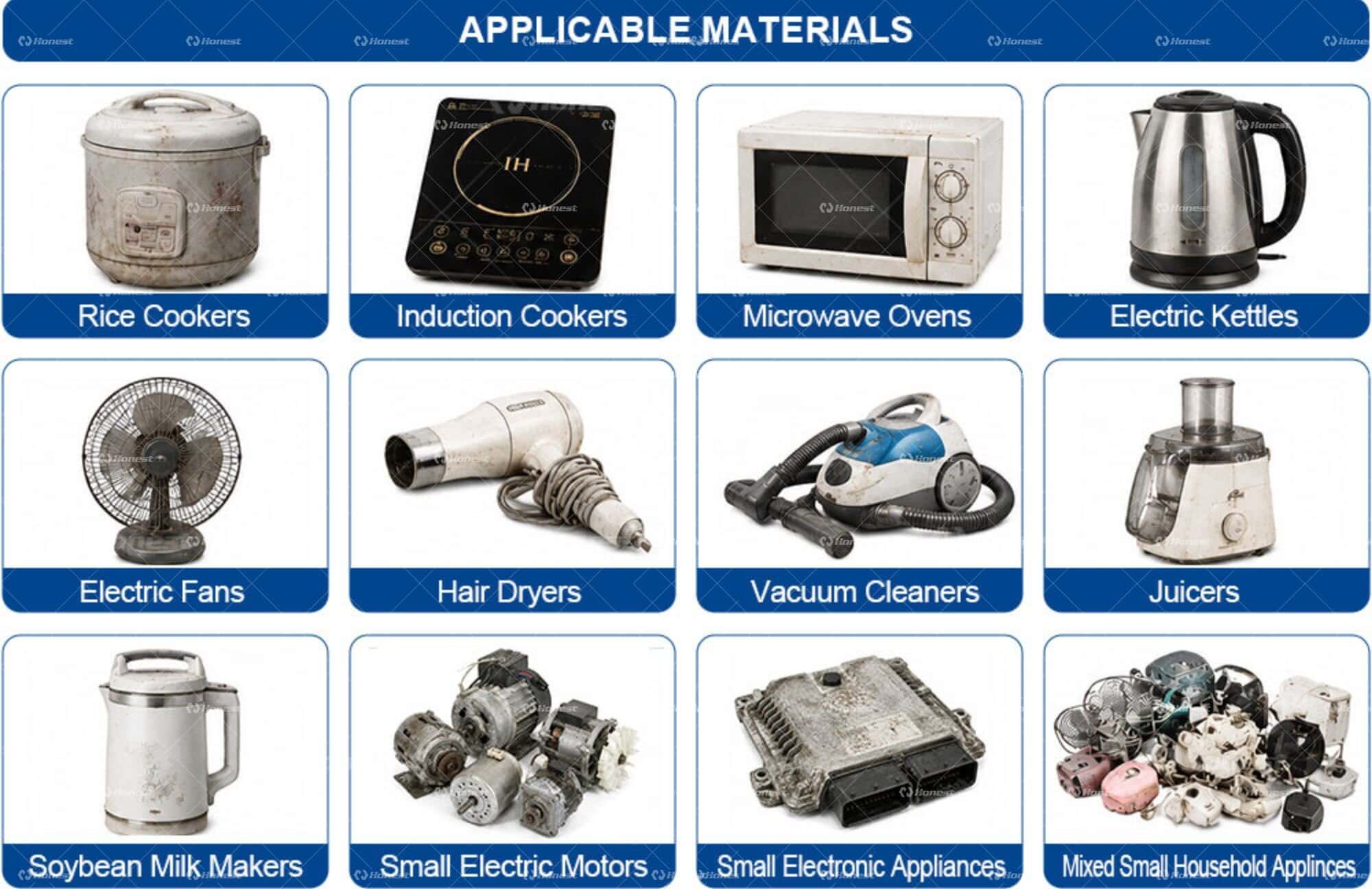Small Appliance Recycling Machine Applicable Materials